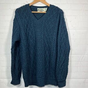 Ar‎a‎n Crafts Merino Wool Sweater Womens Large Green Fisherman Knit V Neck
